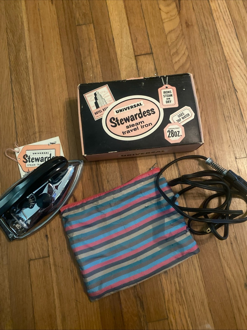 Vintage 50’s Universal Stewardess Steam Travel Iron - Black and Pink Box